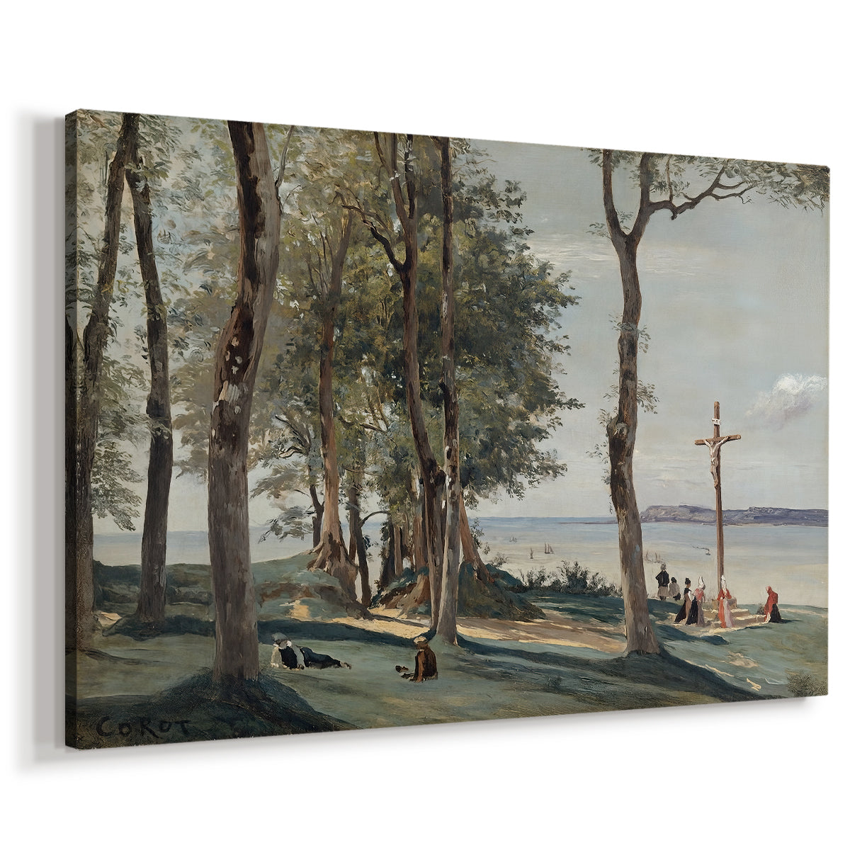 Canvas art print featuring an atmospheric countryside scene with crucifix on elevated ground, displayed at an angle