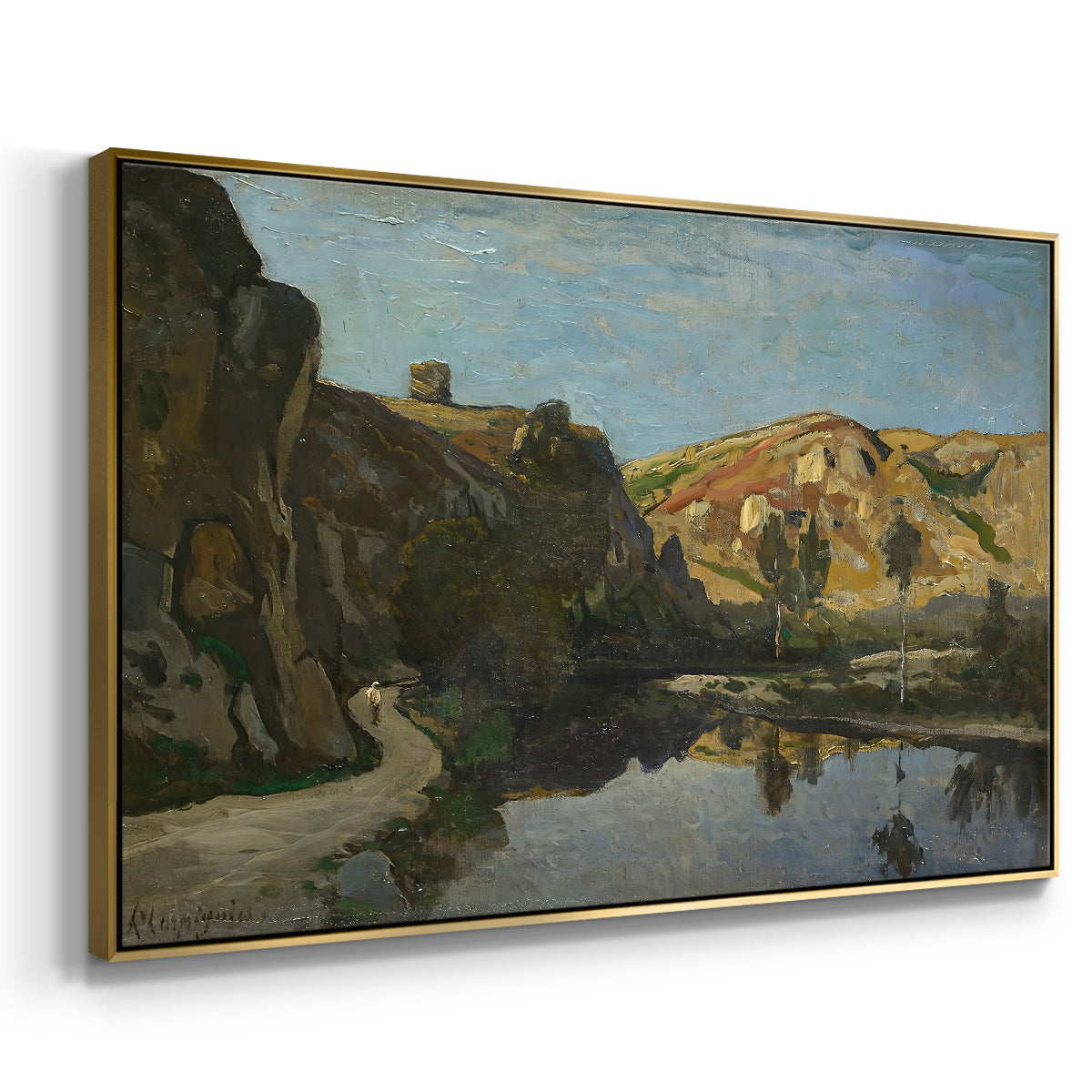 River Landscape with Cliffs, c. 1850-1860 - Floater Framed Canvas Print