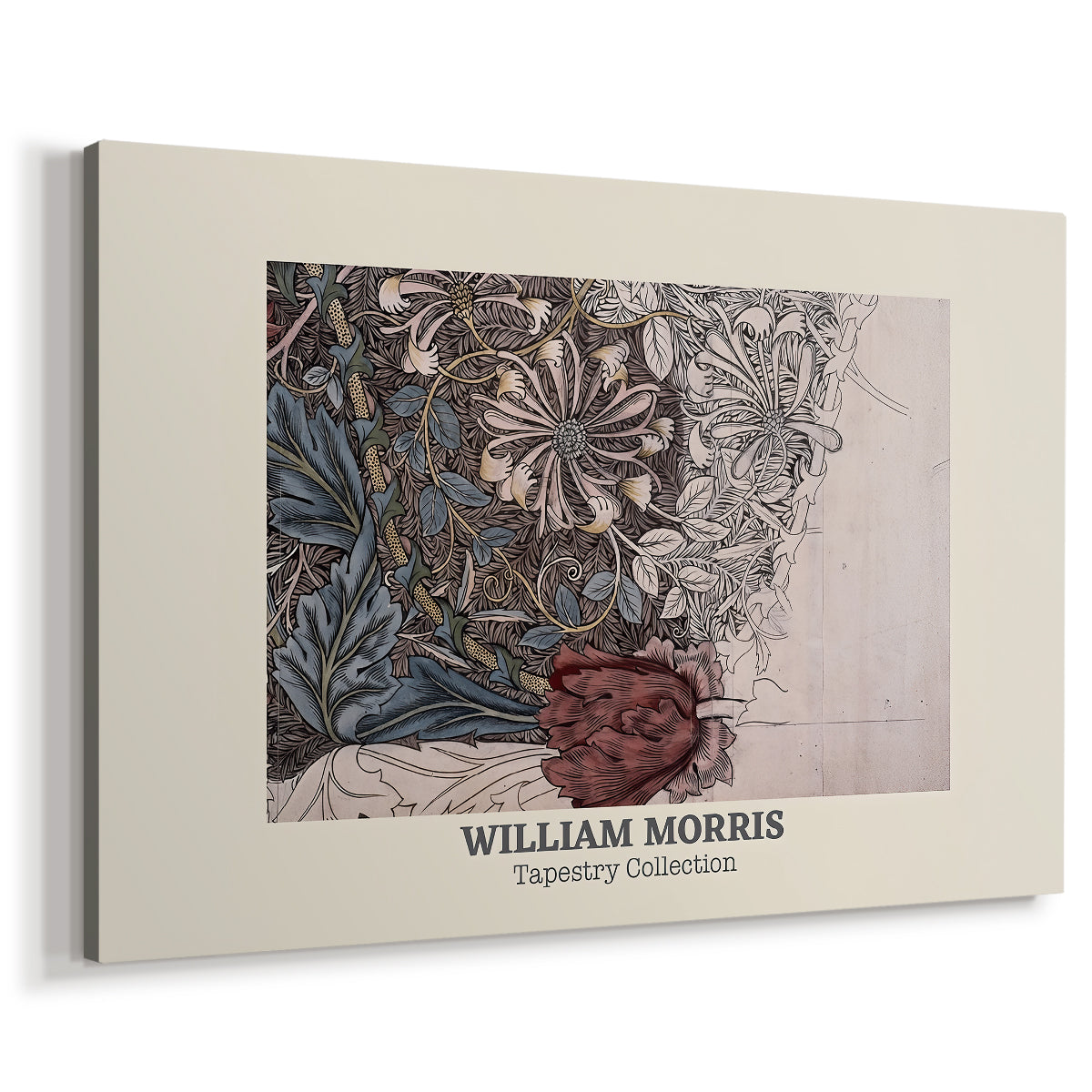 Canvas art print featuring a decorative floral pattern with looping stems and layered foliage, displayed at an angle