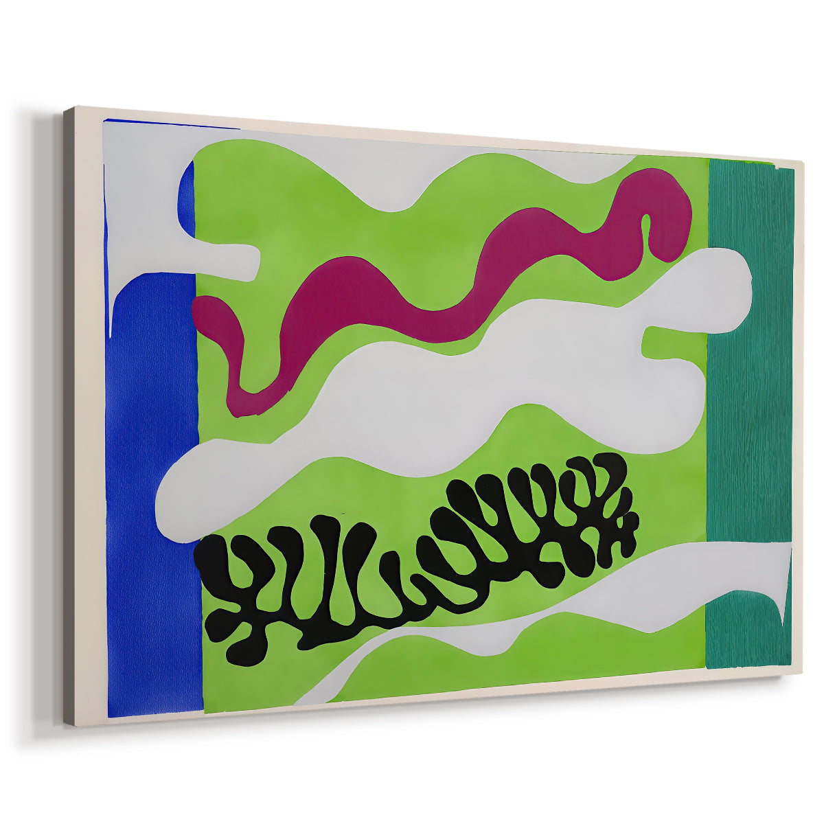 Canvas art print featuring a colorful modernist collage inspired by a lagoon, displayed at an angle