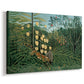 Canvas art print featuring a dramatic animal struggle set within tropical vegetation, displayed at an angle