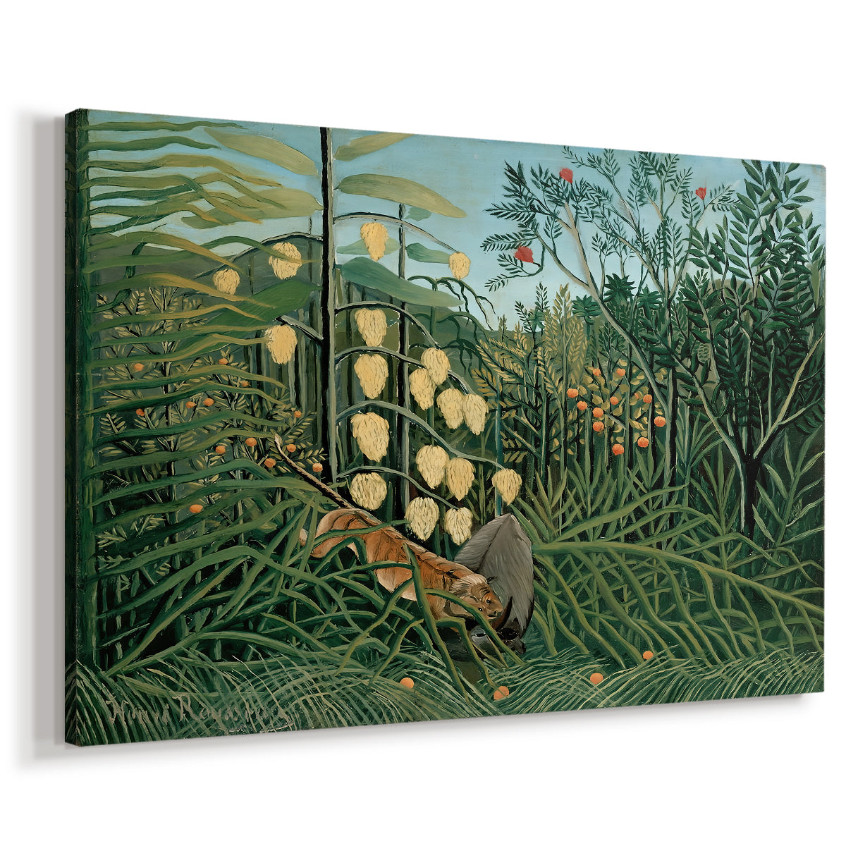 Canvas art print featuring a dramatic animal struggle set within tropical vegetation, displayed at an angle