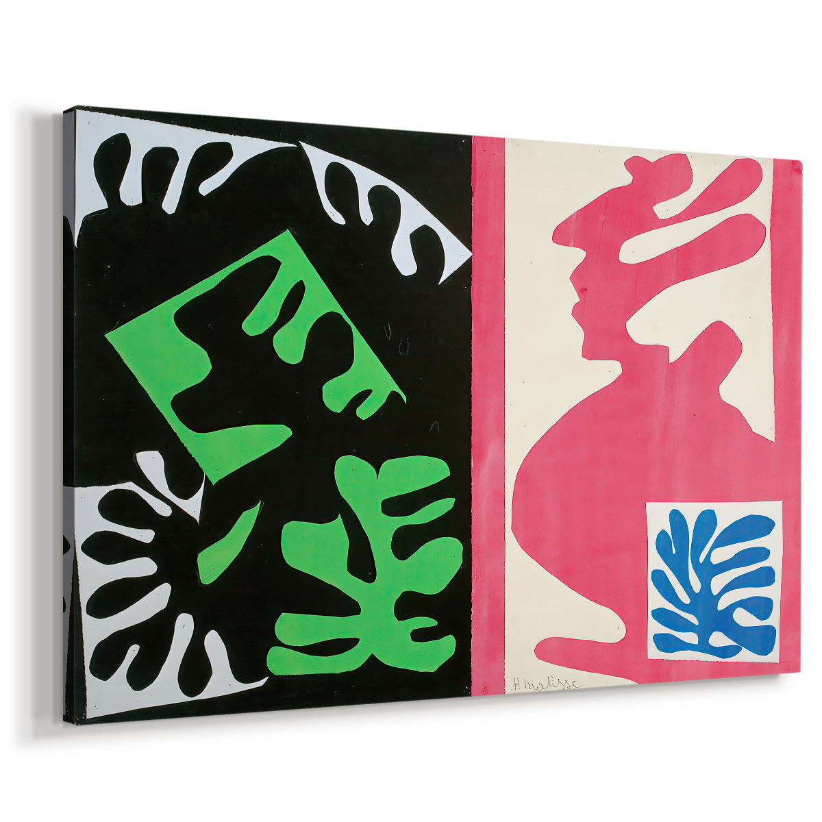 Canvas art print featuring a modernist composition with cut-out forms and strong contrast, displayed at an angle