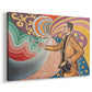 Canvas art print featuring a pointillist portrait with bold color, displayed at an angle