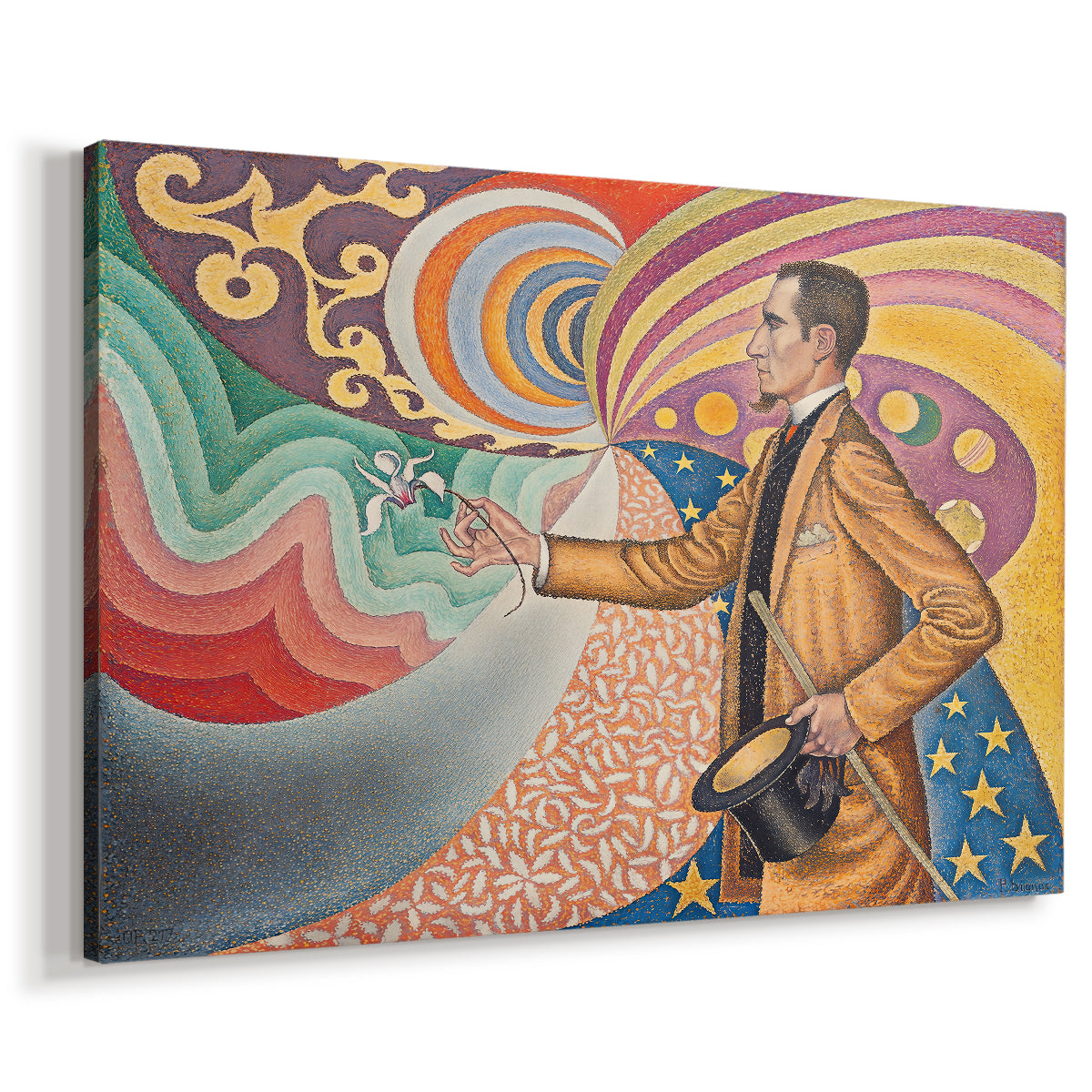 Canvas art print featuring a pointillist portrait with bold color, displayed at an angle