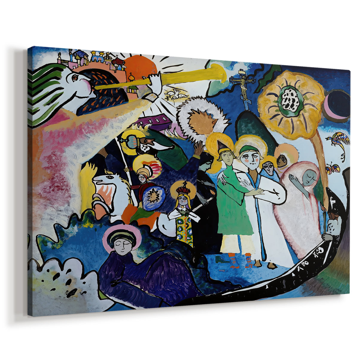 Canvas art print featuring an expressive scene with layered shapes implying crowd or gathering, displayed at an angle