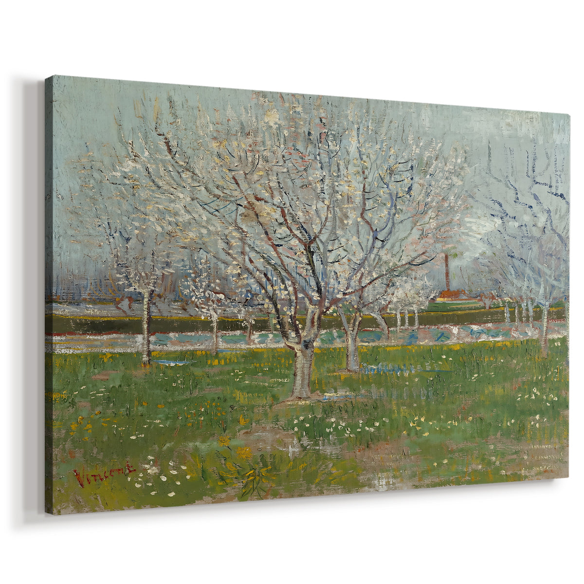 Canvas art print featuring a spring scene with repeating rows of flowering trees, displayed at an angle