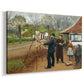 Canvas art print featuring a countryside scene with figures standing near workshop or smithy, displayed at an angle
