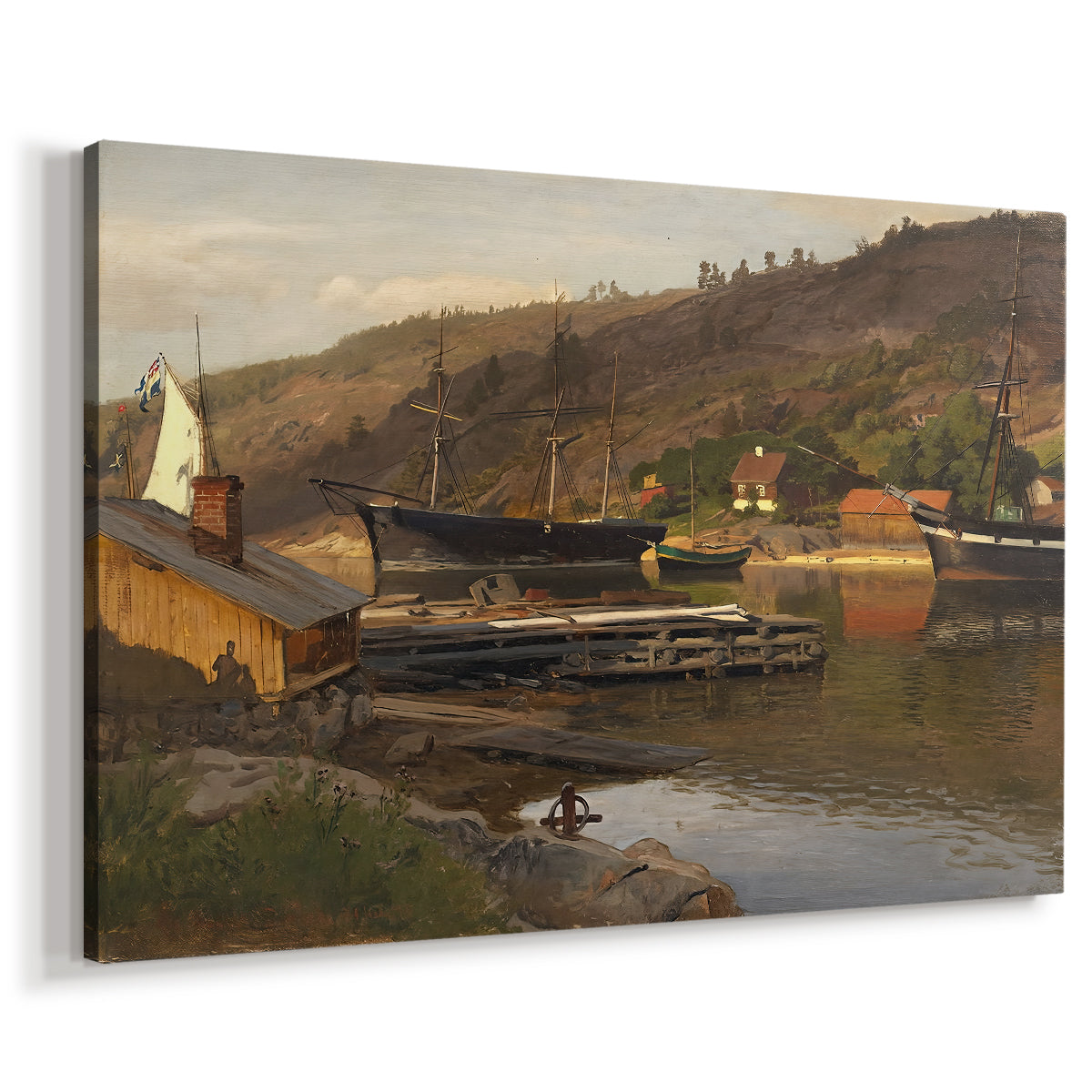 Canvas art print featuring a coastal scene with pier and moored boats in calm water, displayed at an angle