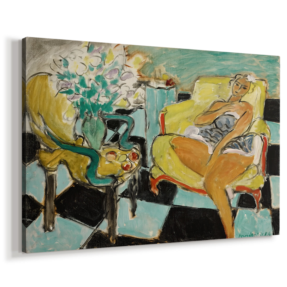 Canvas art print featuring an expressive portrait of a seated female figure with floral detail, displayed at an angle