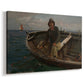 Canvas art print featuring a nautical scene with figures handling nets on boat, displayed at an angle