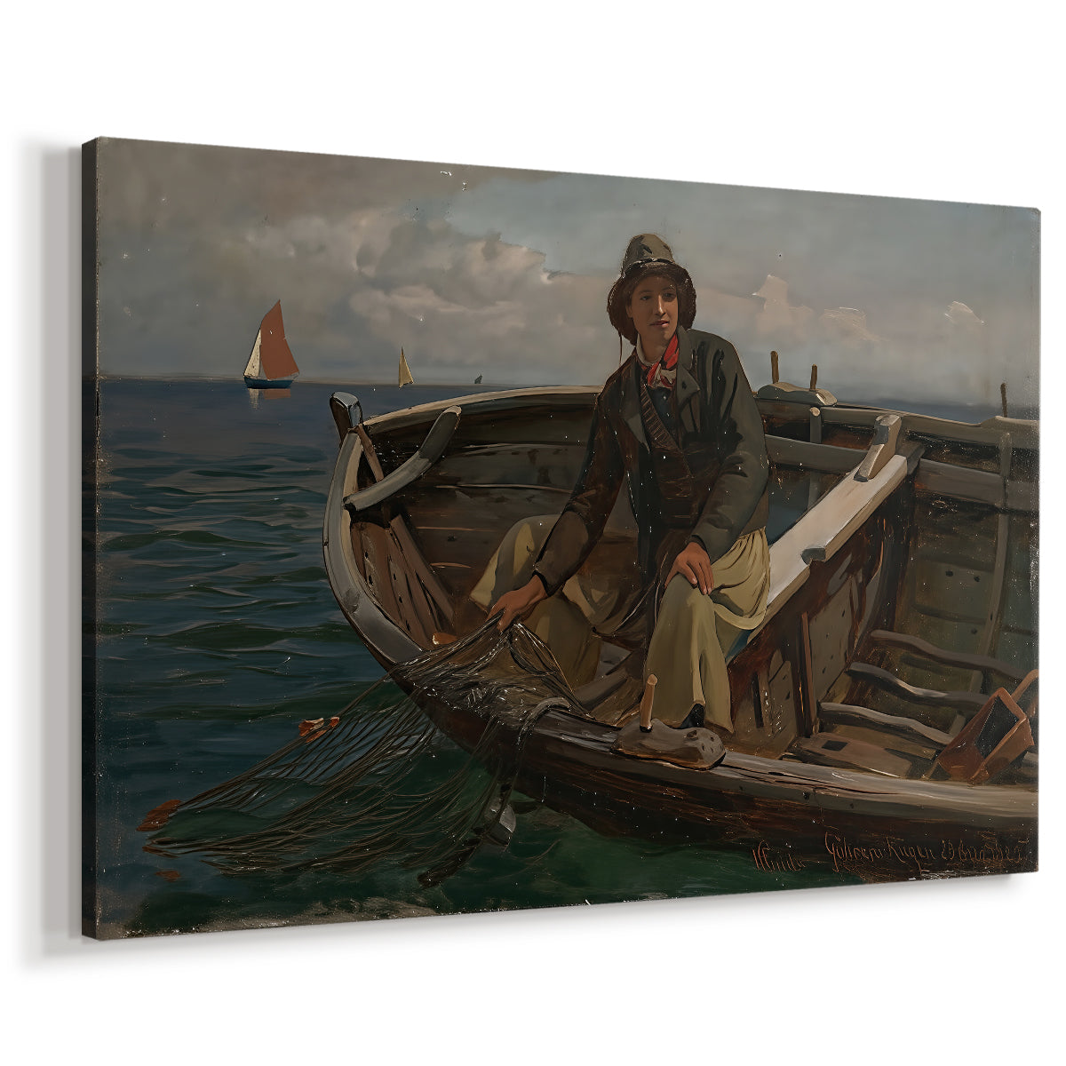 Canvas art print featuring a nautical scene with figures handling nets on boat, displayed at an angle