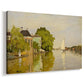 Canvas art print featuring riverside homes with trees and mirrored reflections in water, displayed at an angle