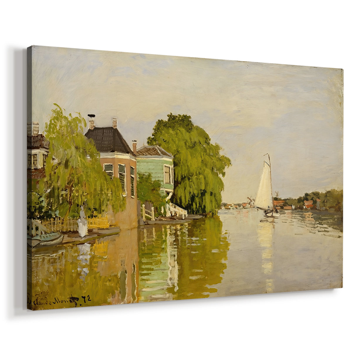 Canvas art print featuring riverside homes with trees and mirrored reflections in water, displayed at an angle