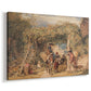 Canvas art print featuring a rural scene with people and animals in cultivated field, displayed at an angle