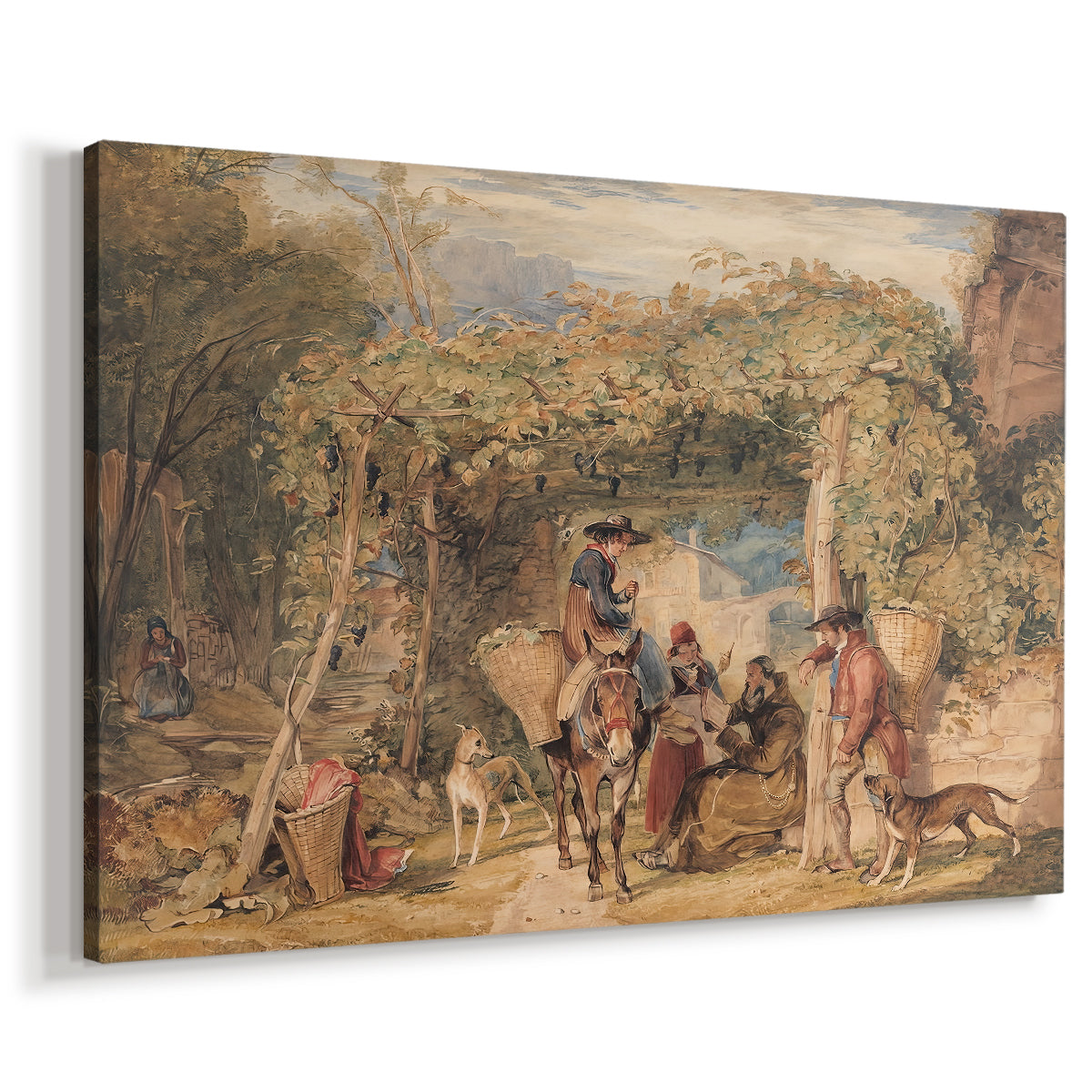Canvas art print featuring a rural scene with people and animals in cultivated field, displayed at an angle
