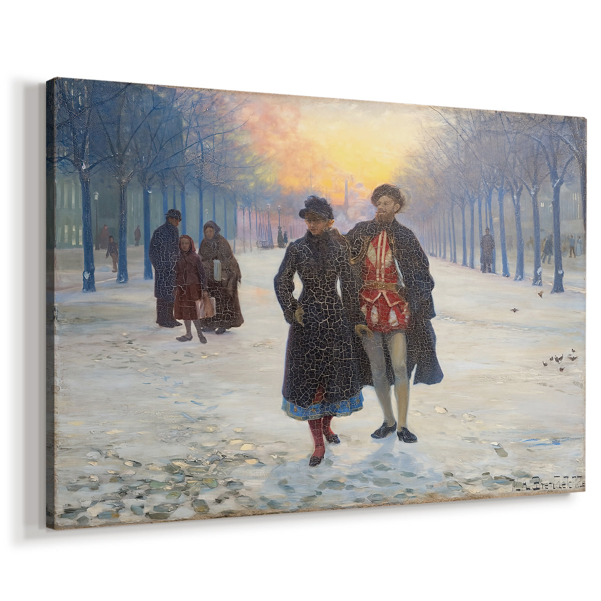 Canvas art print featuring a winter setting with people moving along snow-covered road, displayed at an angle