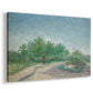 Canvas art print featuring an expressive city landscape with greenery and walkways, displayed at an angle