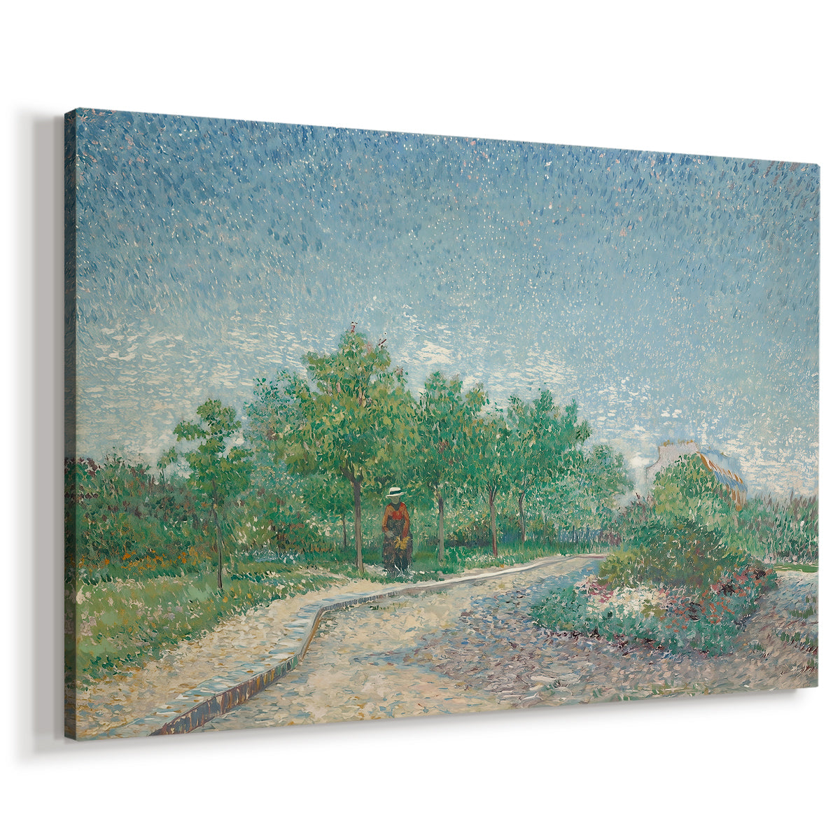Canvas art print featuring an expressive city landscape with greenery and walkways, displayed at an angle