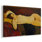 Canvas art print featuring a modern nude figure posed horizontally with simplified facial features, displayed at an angle