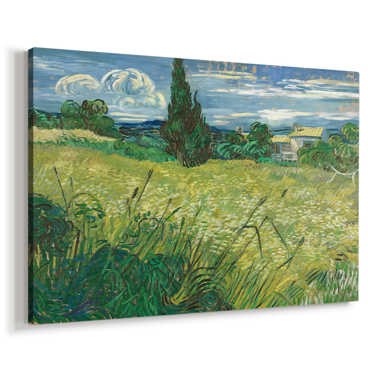 Canvas art print featuring an expressive rural landscape with strong vertical tree form, displayed at an angle