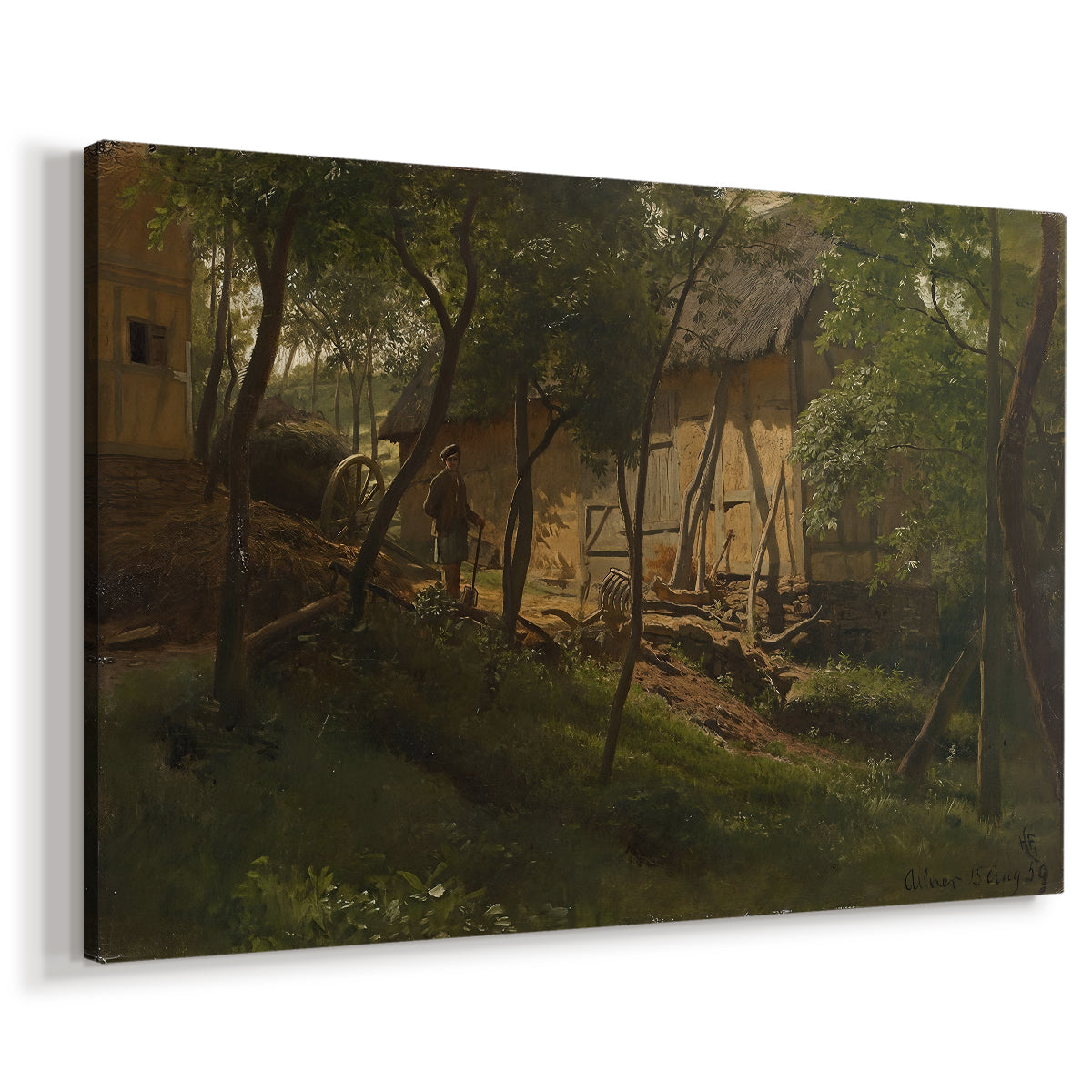Canvas art print featuring a countryside farm scene with structures and natural setting, displayed at an angle