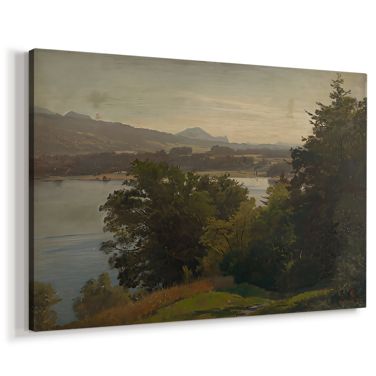 Canvas art print featuring a tranquil landscape with smooth water surface and distant terrain, displayed at an angle