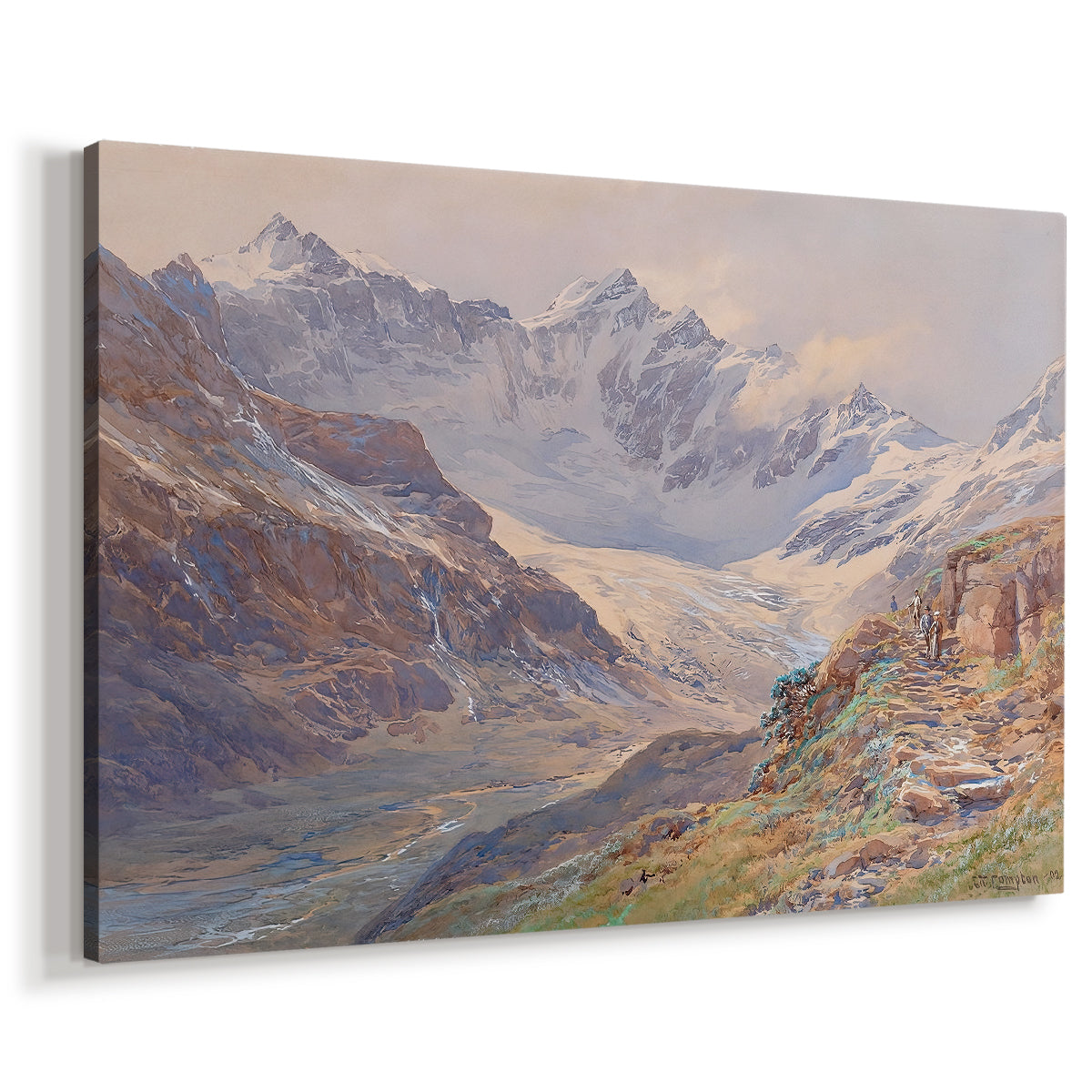 Canvas art print featuring a mountain scene with glacier stretching through rocky valley, displayed at an angle