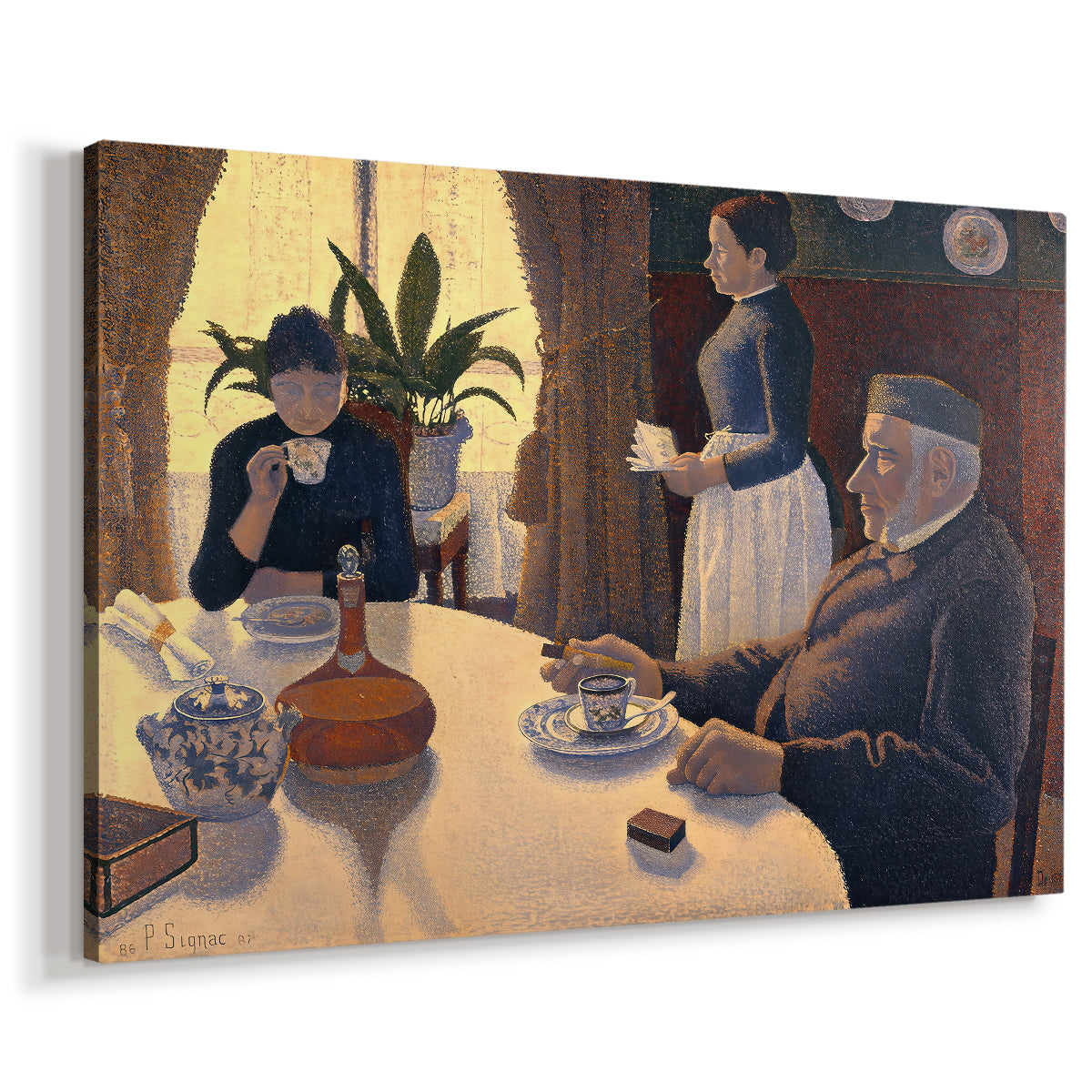 Canvas art print featuring a domestic dining scene in dotted texture, displayed at an angle