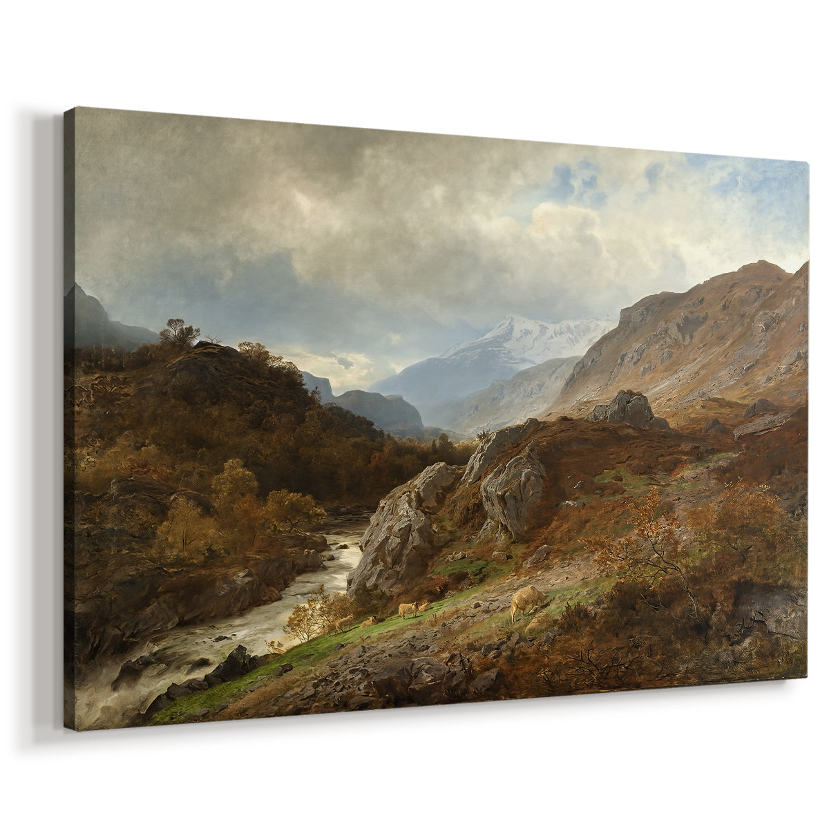 Canvas art print featuring a dramatic landscape with rocky slopes and expansive view, displayed at an angle
