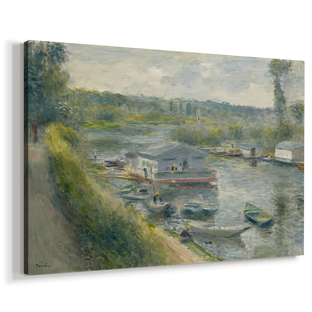 Canvas art print featuring a riverside scene with moored boat used for washing clothes, displayed at an angle