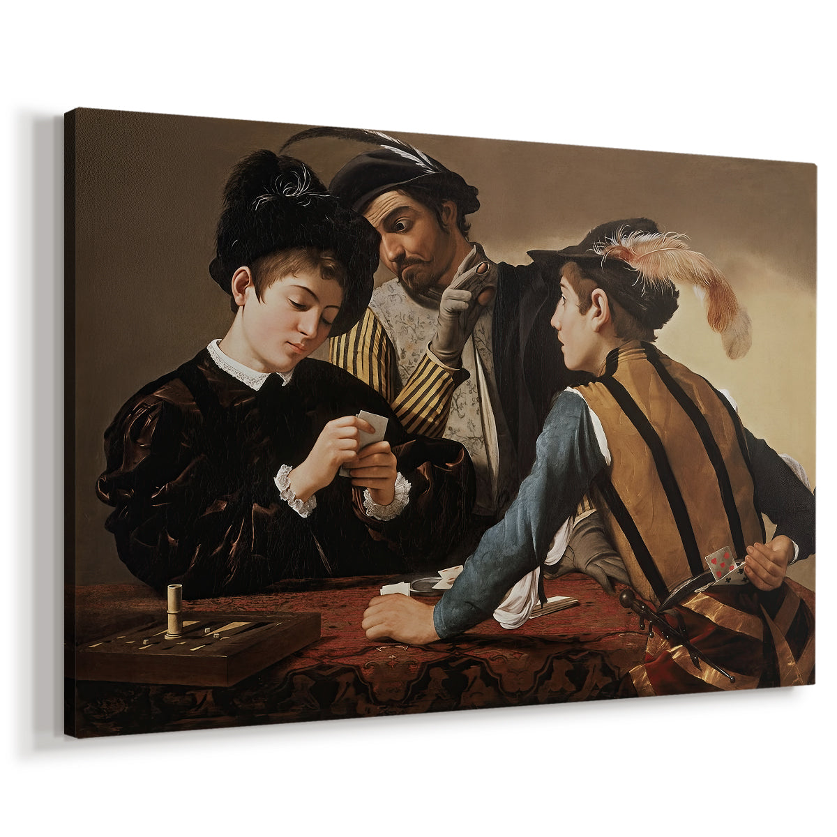 Canvas art print featuring a genre scene of card game with deception and hidden accomplice, displayed at an angle