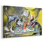 Canvas art print featuring a surreal blend of animal and tabletop elements, displayed at an angle