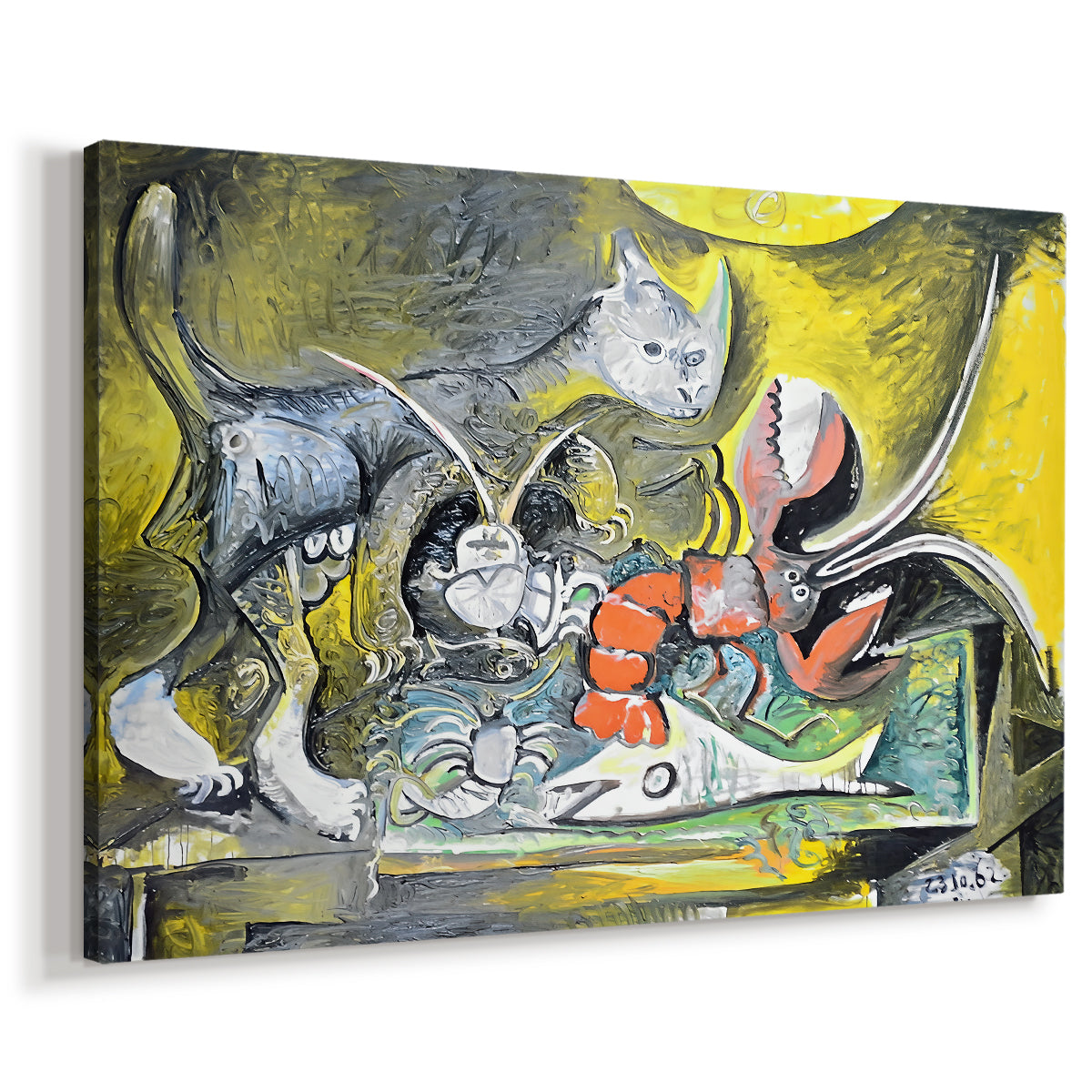 Canvas art print featuring a surreal blend of animal and tabletop elements, displayed at an angle