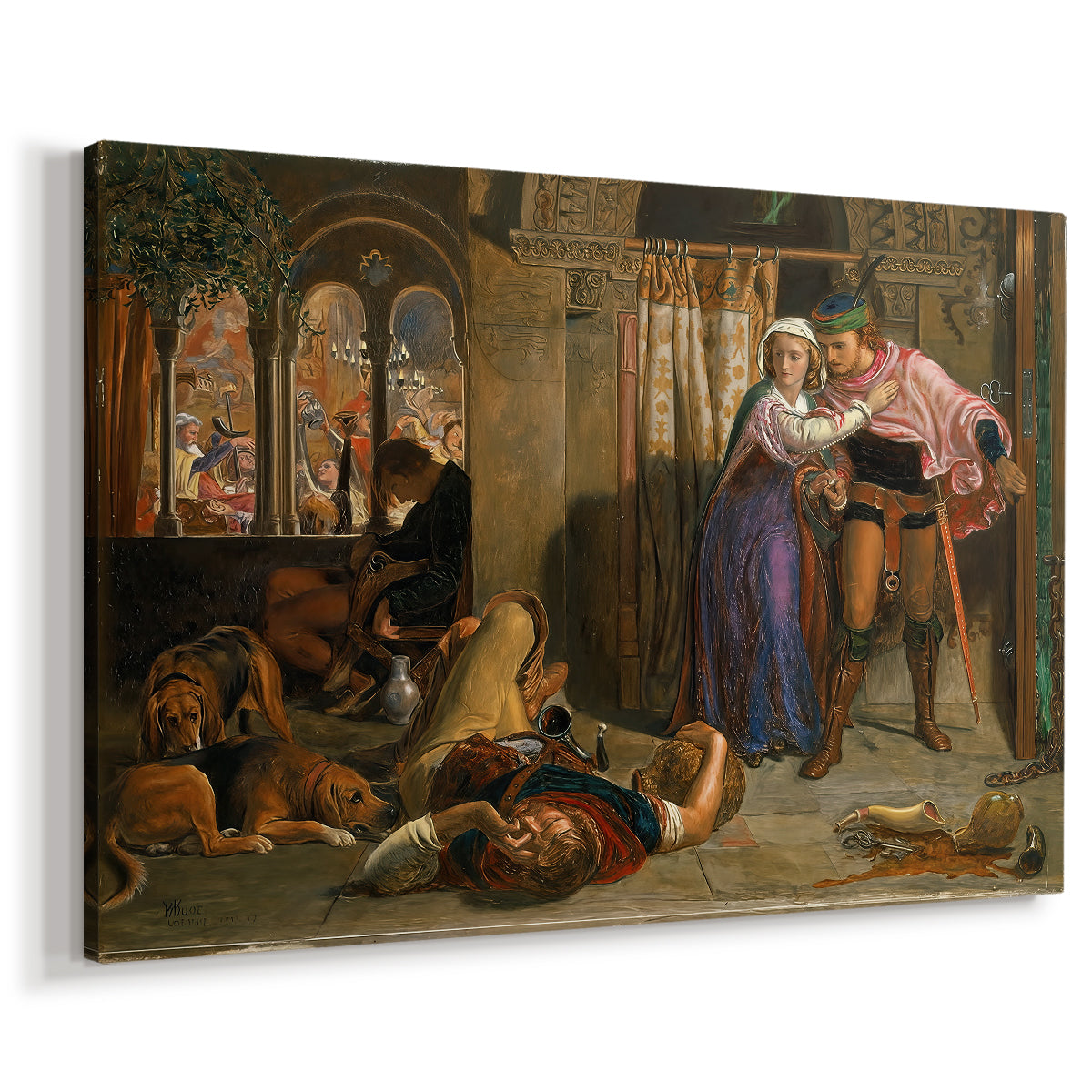 Canvas art print featuring a narrative scene showing figures escaping through richly detailed room, displayed at an angle