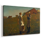 Canvas art print featuring a rural scene with people conversing in grassy landscape, displayed at an angle