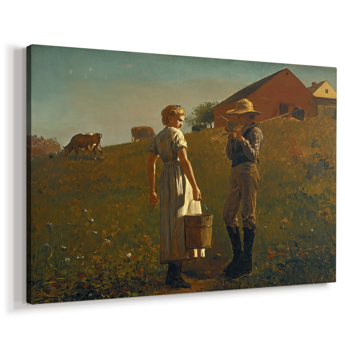Canvas art print featuring a rural scene with people conversing in grassy landscape, displayed at an angle