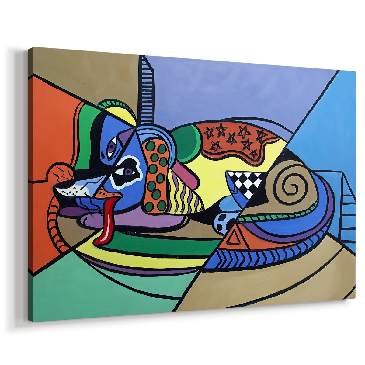 Canvas art print featuring a cubist-inspired canine figure, displayed at an angle