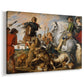 Canvas art print featuring a dynamic hunt with figures and dogs, displayed at an angle