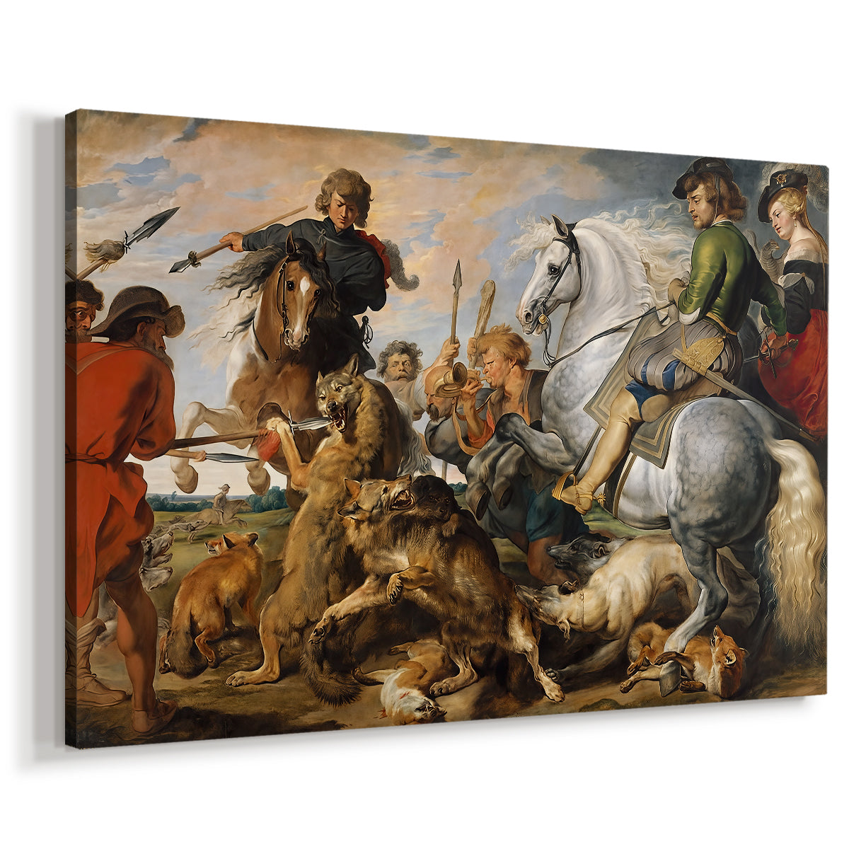 Canvas art print featuring a dynamic hunt with figures and dogs, displayed at an angle