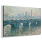 Canvas art print featuring an impressionist cityscape with bridge fading into fog over water, displayed at an angle