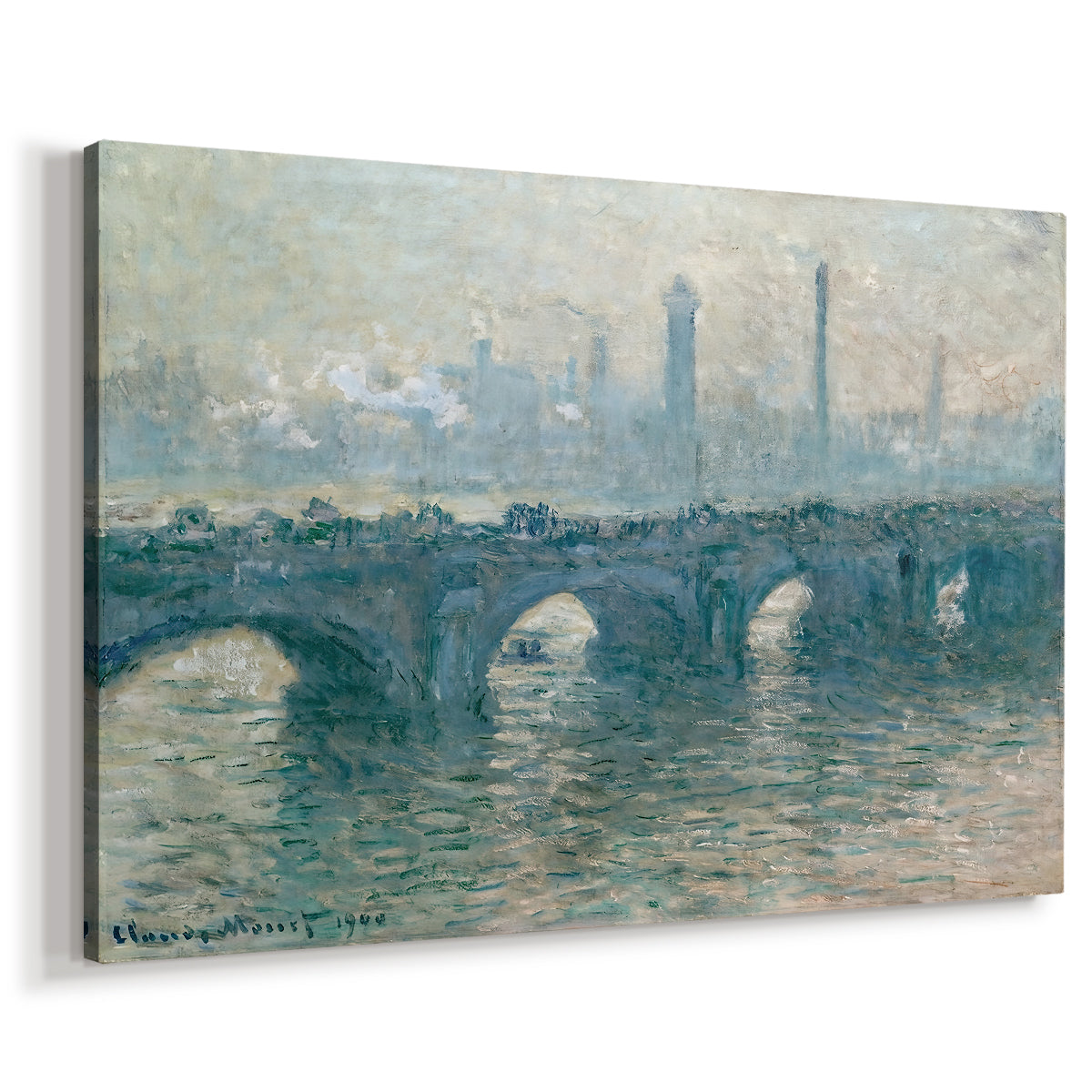 Canvas art print featuring an impressionist cityscape with bridge fading into fog over water, displayed at an angle