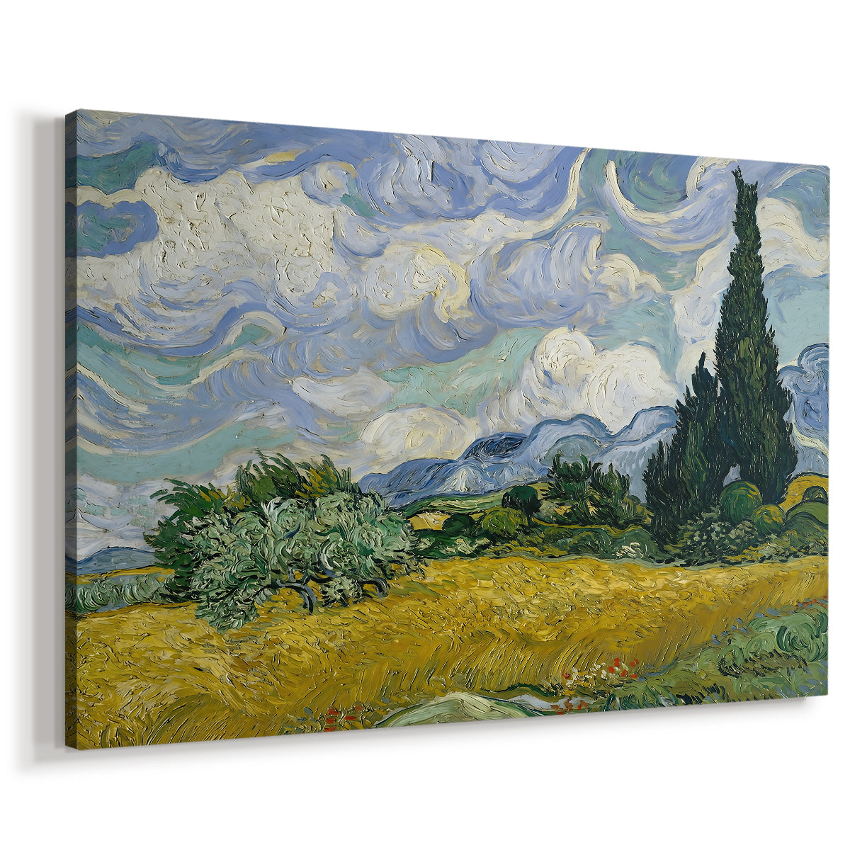 Canvas art print featuring an expressive landscape with strong vertical trees and movement, displayed at an angle