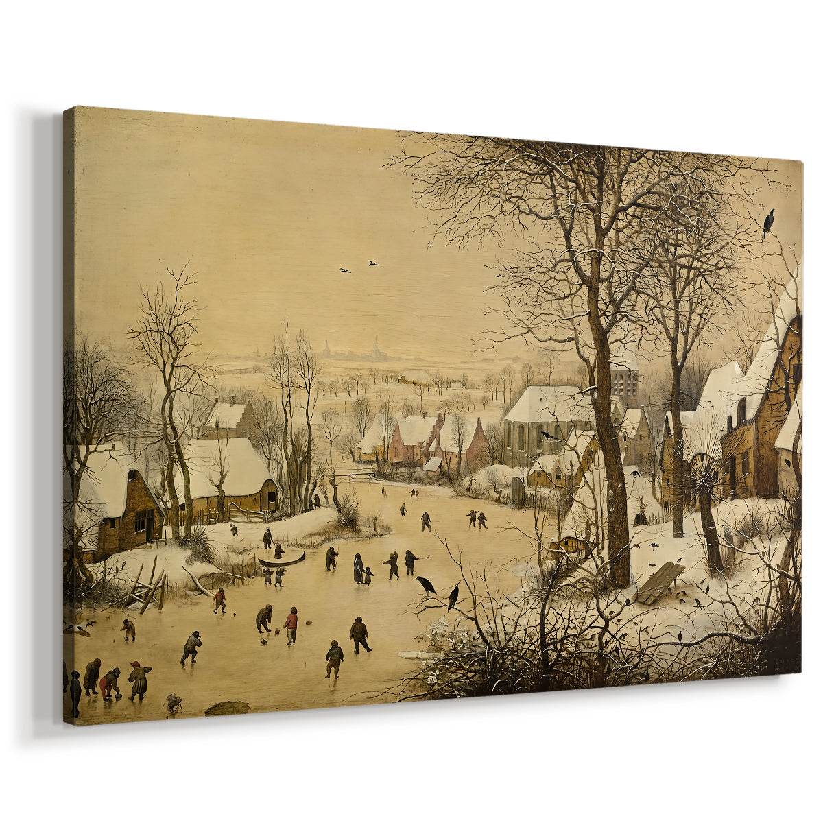 Canvas art print featuring a busy winter landscape with figures on frozen water, displayed at an angle