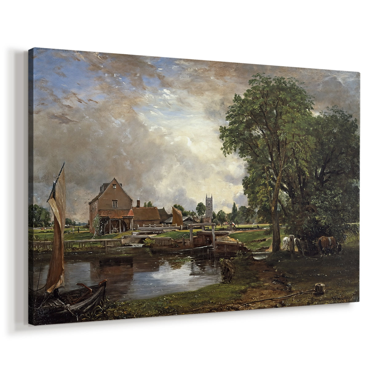 Canvas art print featuring a pastoral riverside scene with mill, displayed at an angle