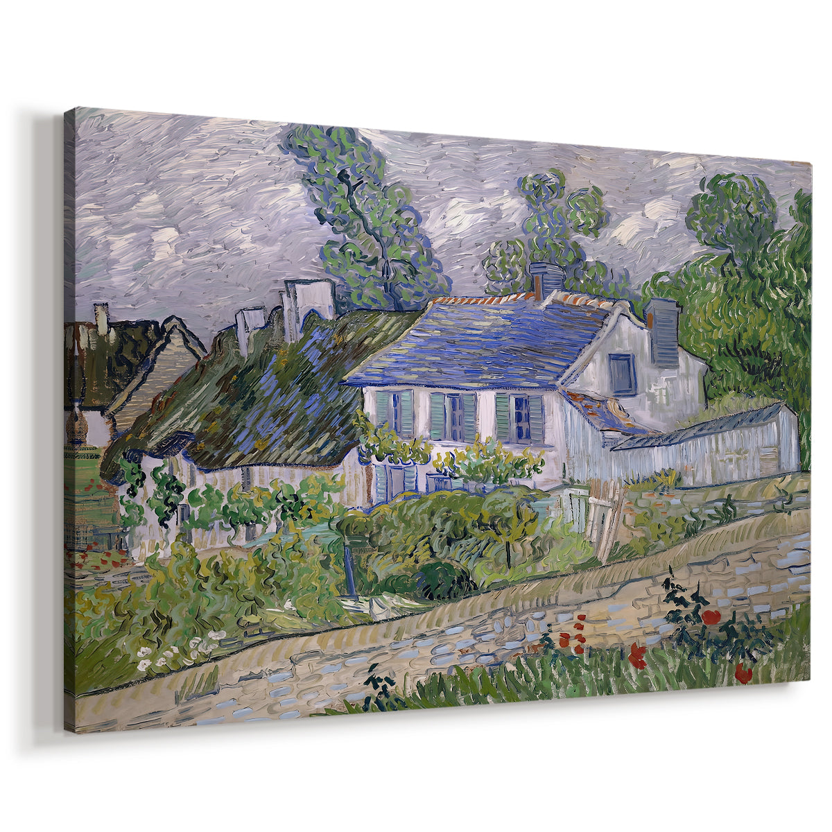 Canvas art print featuring an expressive village scene with buildings and natural surroundings, displayed at an angle
