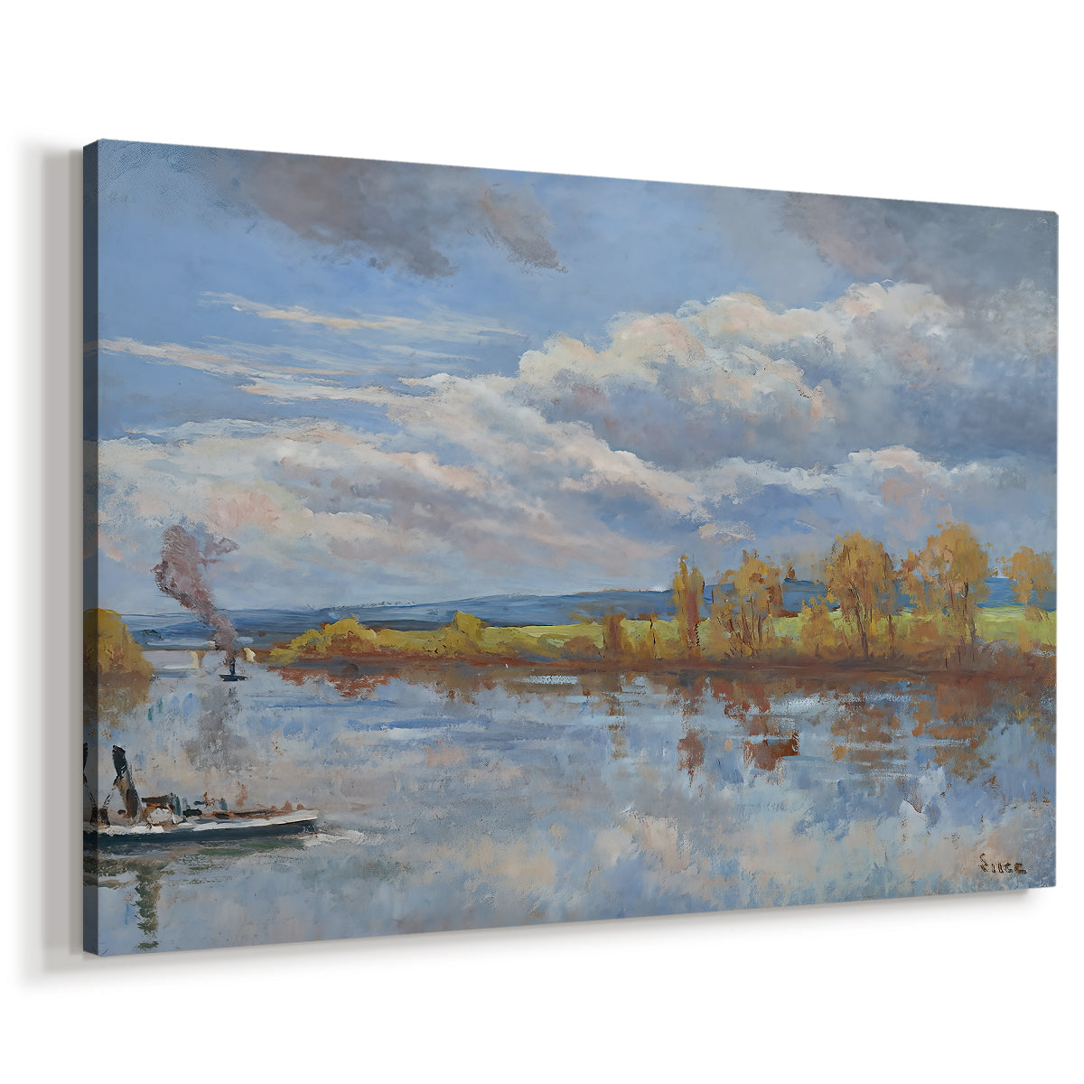 Canvas art print featuring a calm river scene with shoreline, displayed at an angle