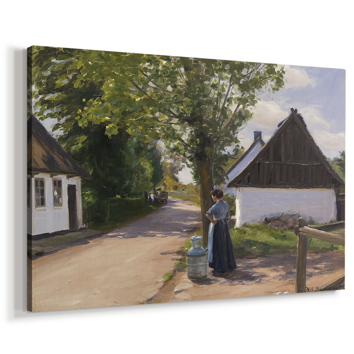 Canvas art print featuring an everyday rural interaction on quiet street with buildings, displayed at an angle