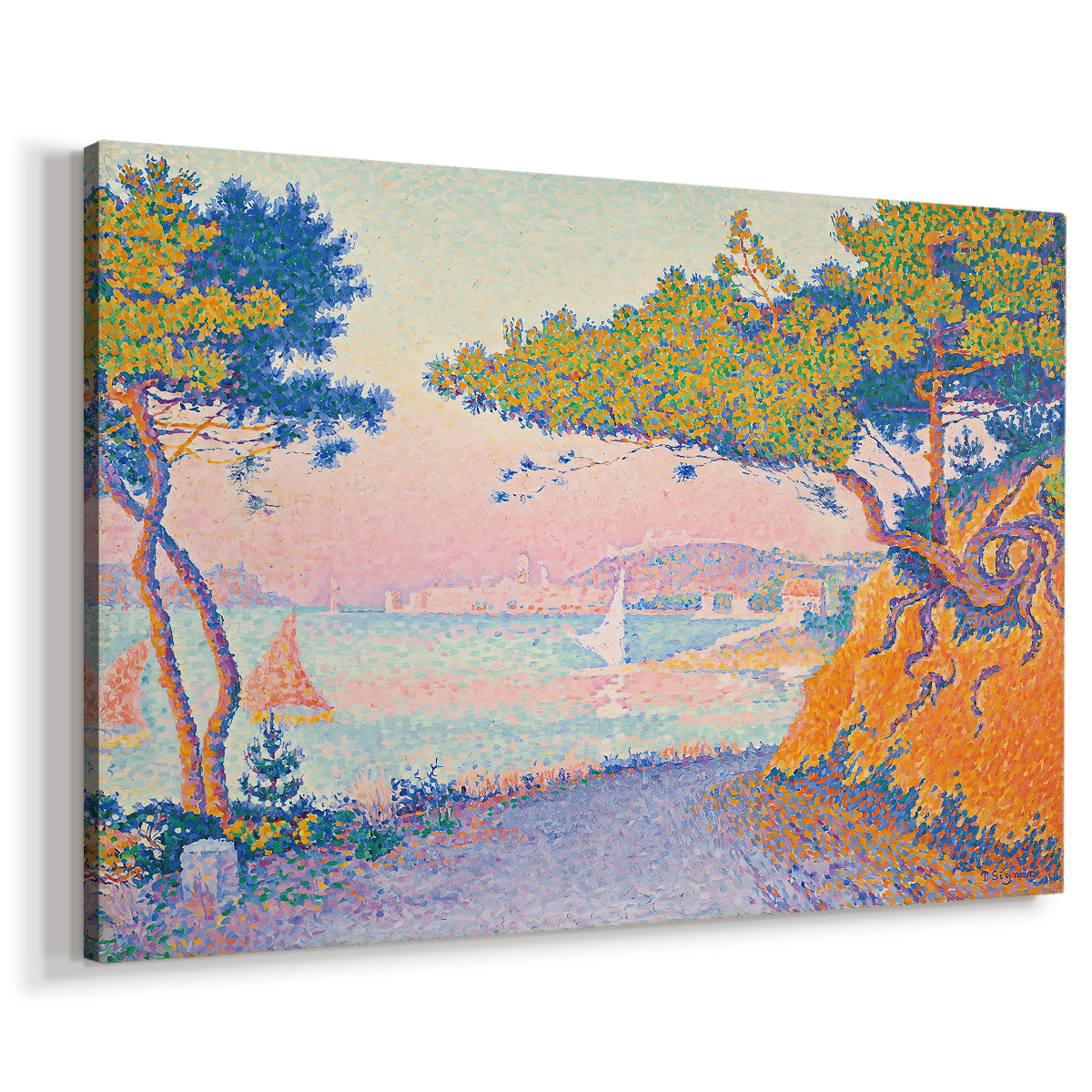 Canvas art print featuring a pointillist seaside scene with natural vegetation, displayed at an angle