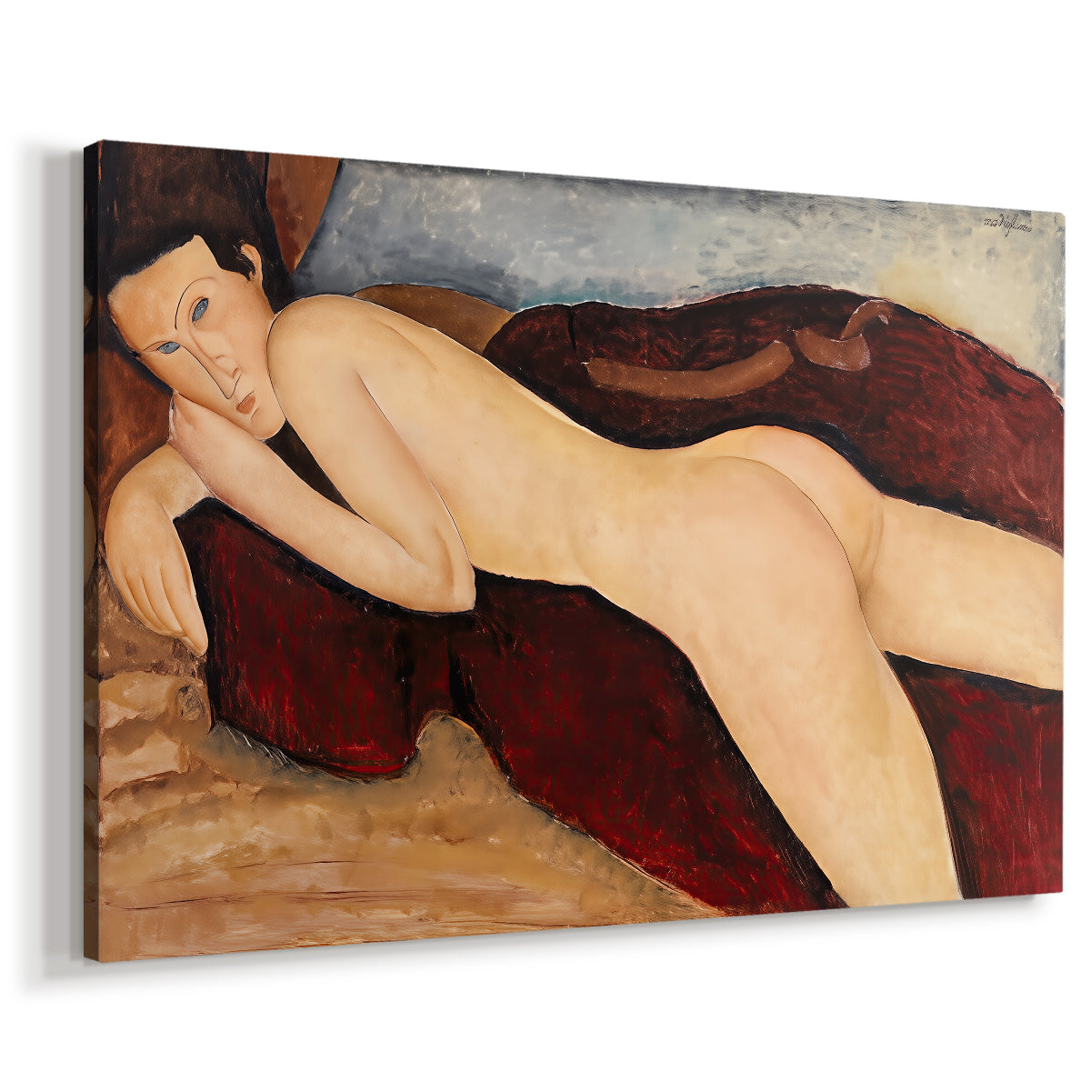 Canvas art print featuring a rear view of reclining female nude stretched across bed or sofa, displayed at an angle